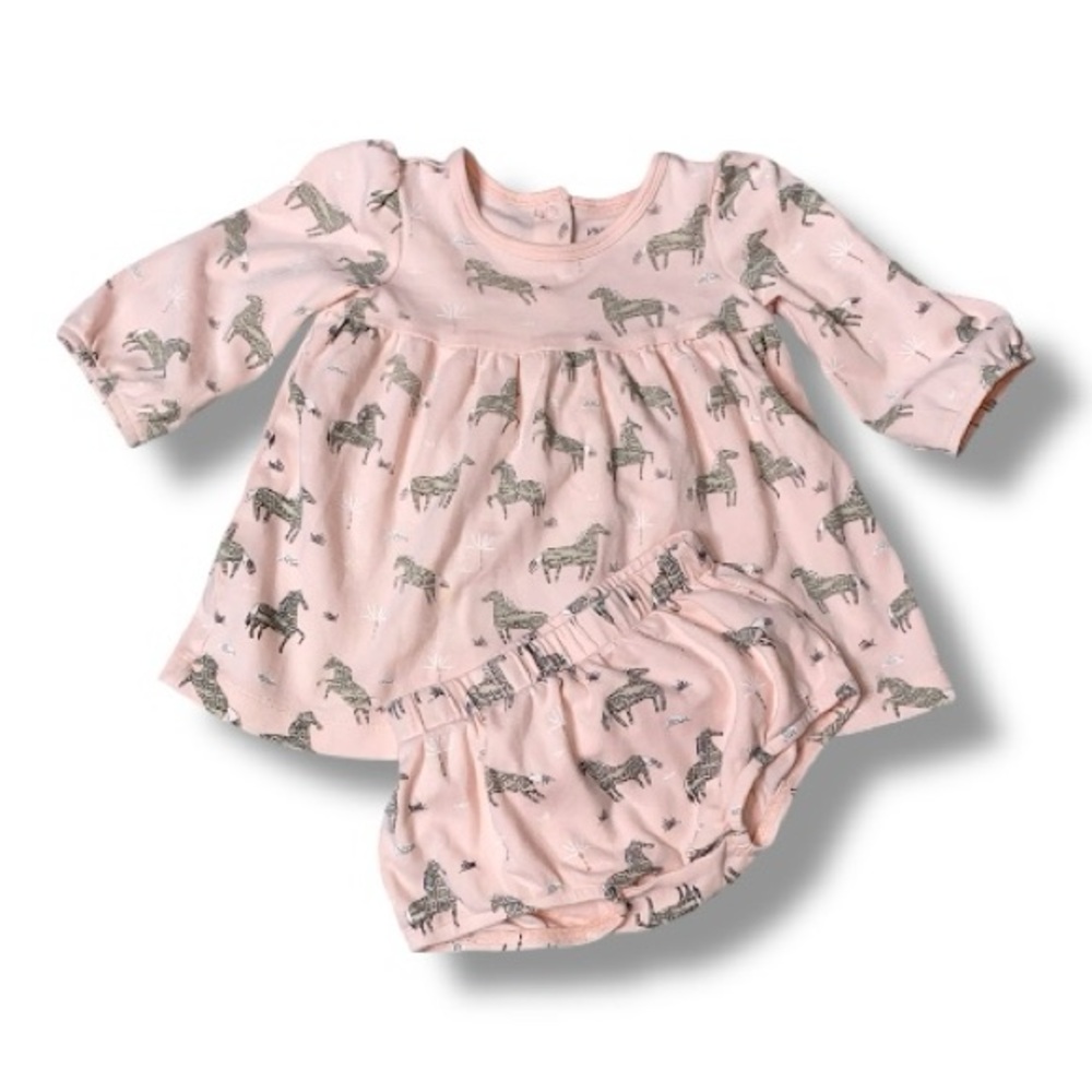 Viverano Organic Cotton Zebra Baby Dress & Bloomer Set Pink Safari Animals